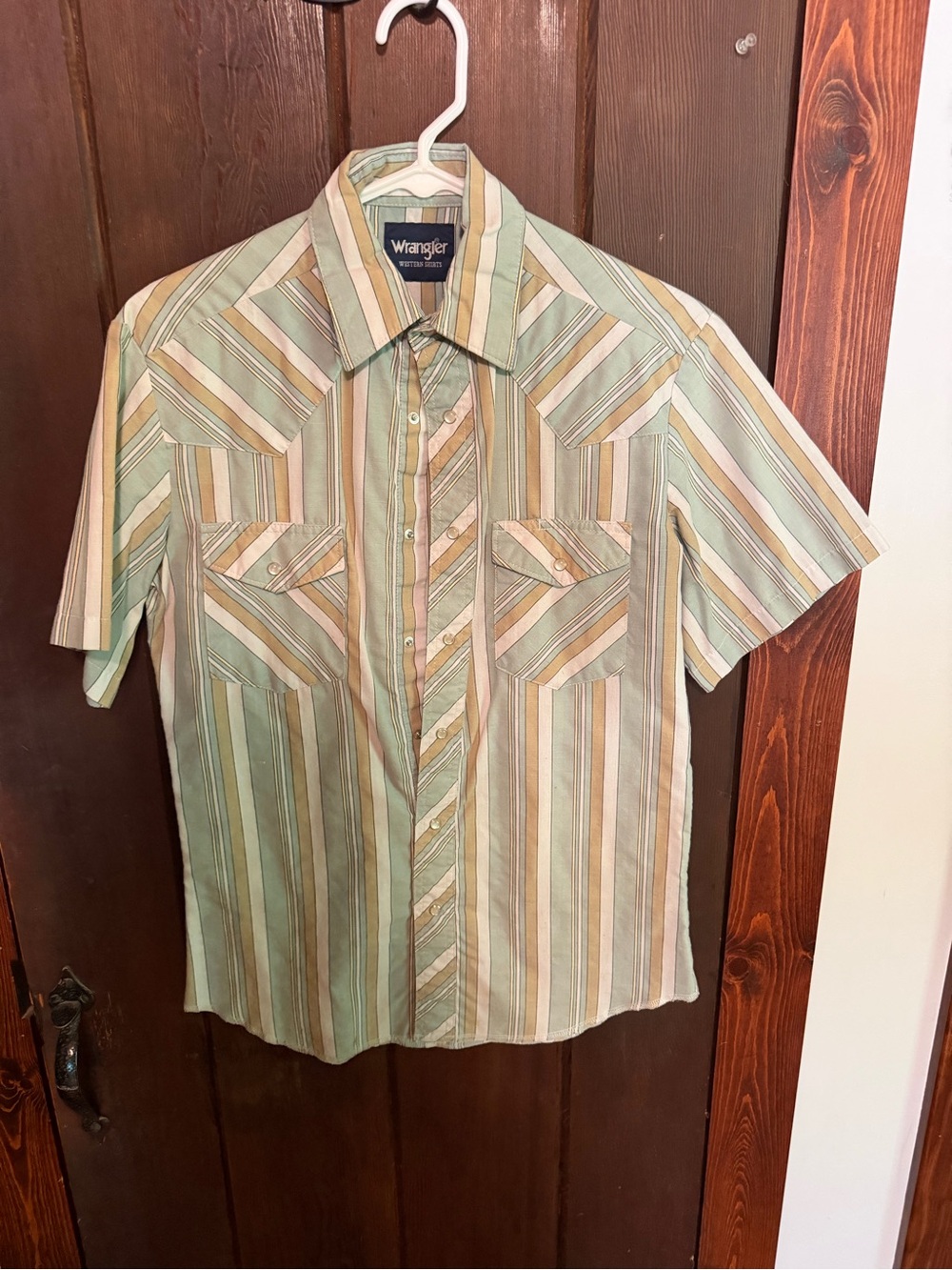 Wrangler Short Sleeve Striped Button-Up Shirt in Green and Tan